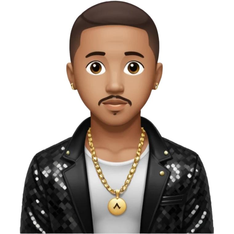 Marques Houston with dark brown hair, black sequin jacket, shirtless with necklace emoji