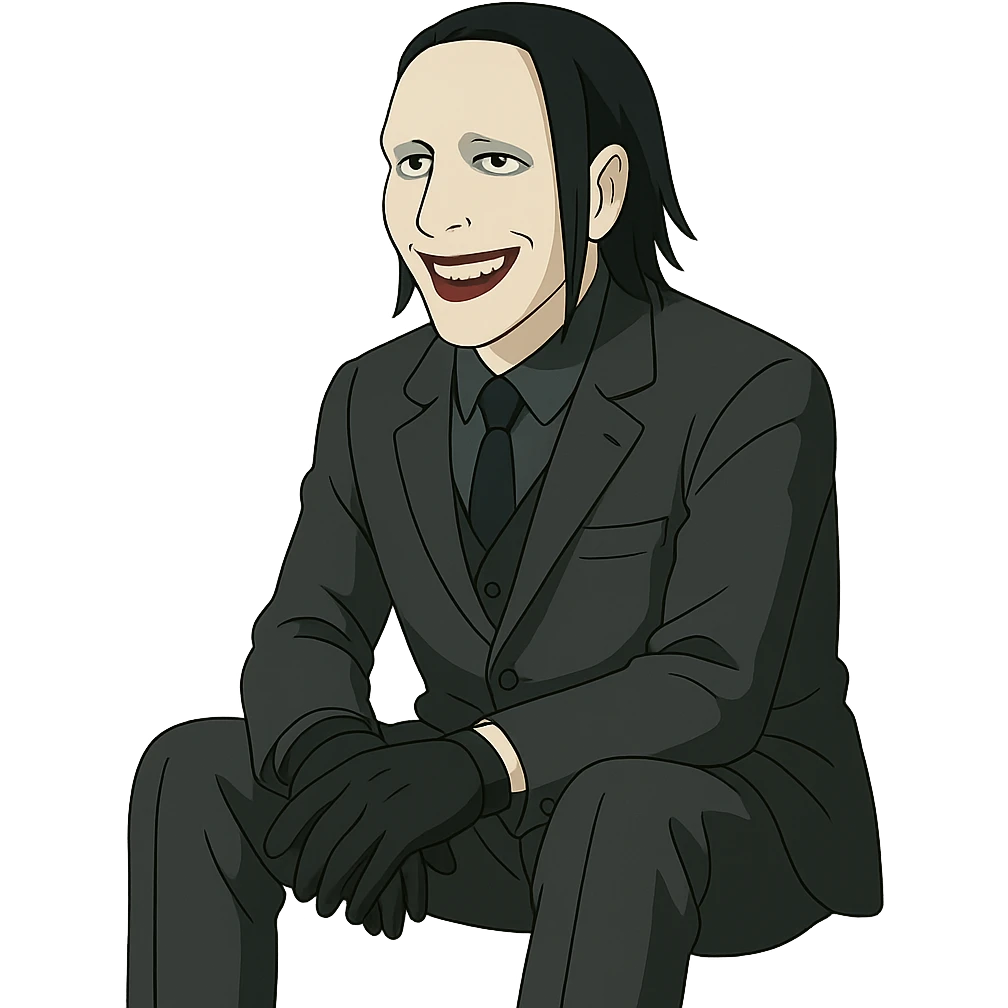Marilyn Manson sitting and smiling, ghibli style emoji