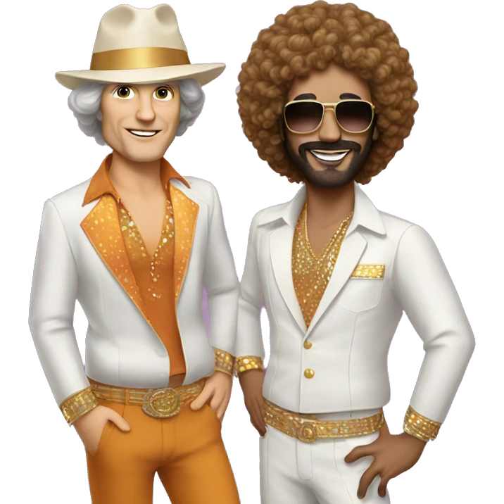 John Sideris and DJ Hanson dressed like 70s disco performers  emoji