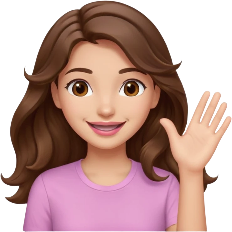 girl with wavy long brown hair, brown eyes, light to medium complexion, long lashes, light pink lipstick, smiling, wearing light pink shirt, slapping emoji