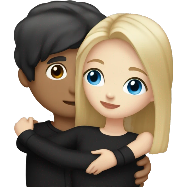dark Blonde girl with blue eyes in black sweater and an east asian with light skin man with black hair and black eyes hugging emoji