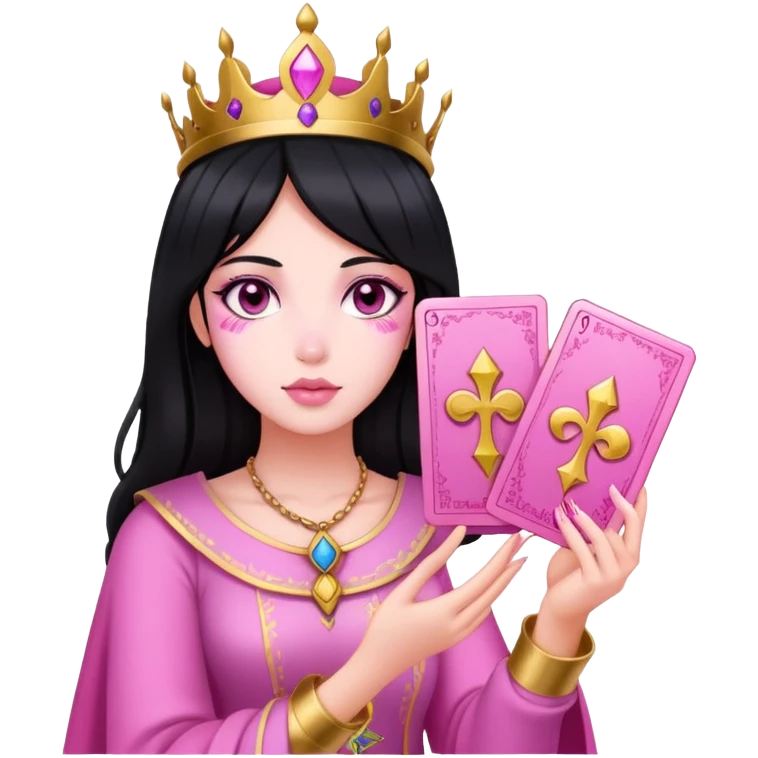 black hair girl with pink pink tarot gold cards emoji
