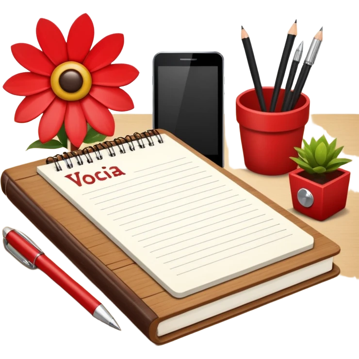 un letrero que diga VACACIONES y detrás un escritorio moderno, con una notebook, una agenda y una planta con una flor emoji