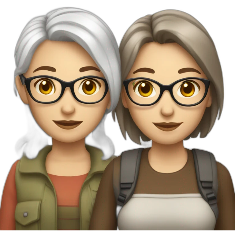 A lesbian Couple of two caucasian girls one with white hair and other with short brown hair and glasses emoji