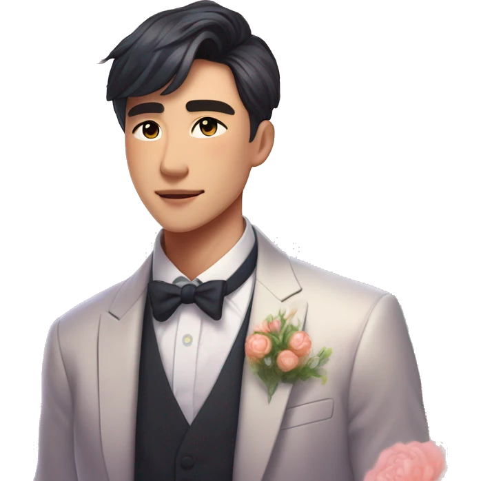 Gorgeous romantic anime style Asian formal modern gentlemanly guy with flowers and blushing face aesthetic trending style outside with colorful gradient bright light colors emoji