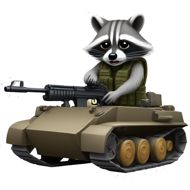 a raccoon firing from a rifle while sitting on a tank emoji