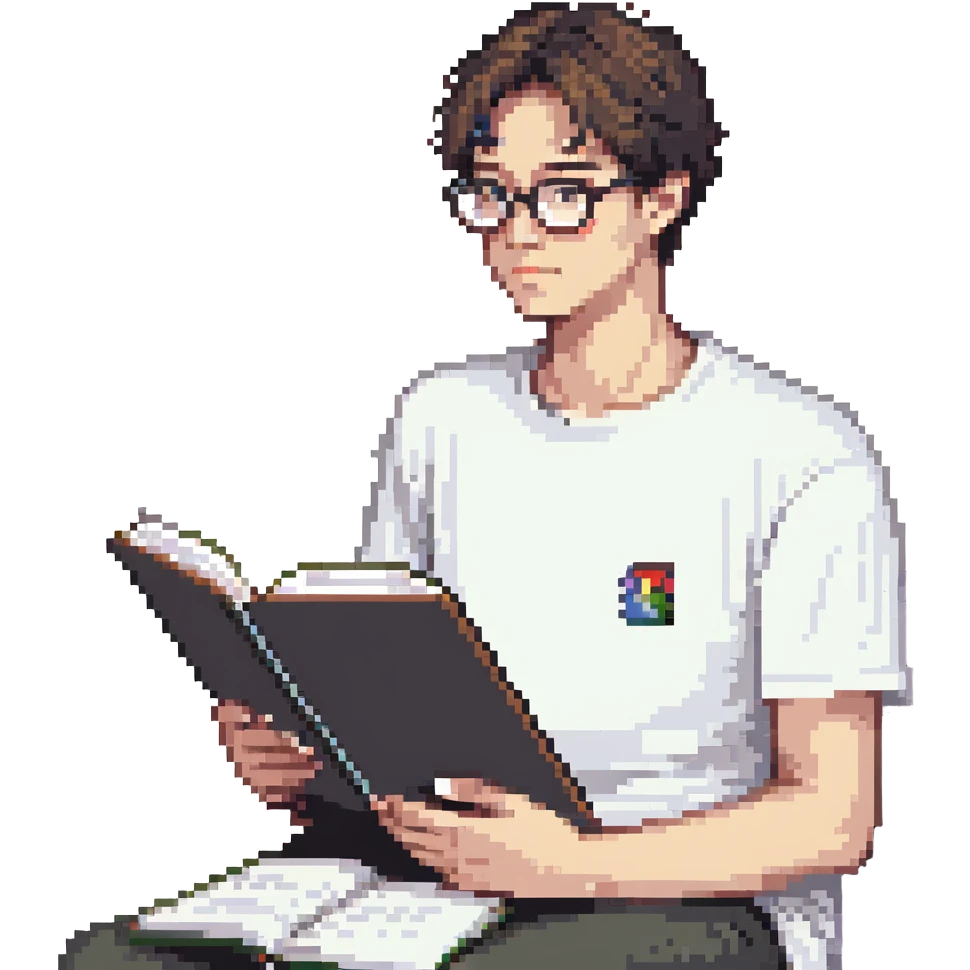 programmer with glasses, white t-shirt, sitting with a notebook emoji