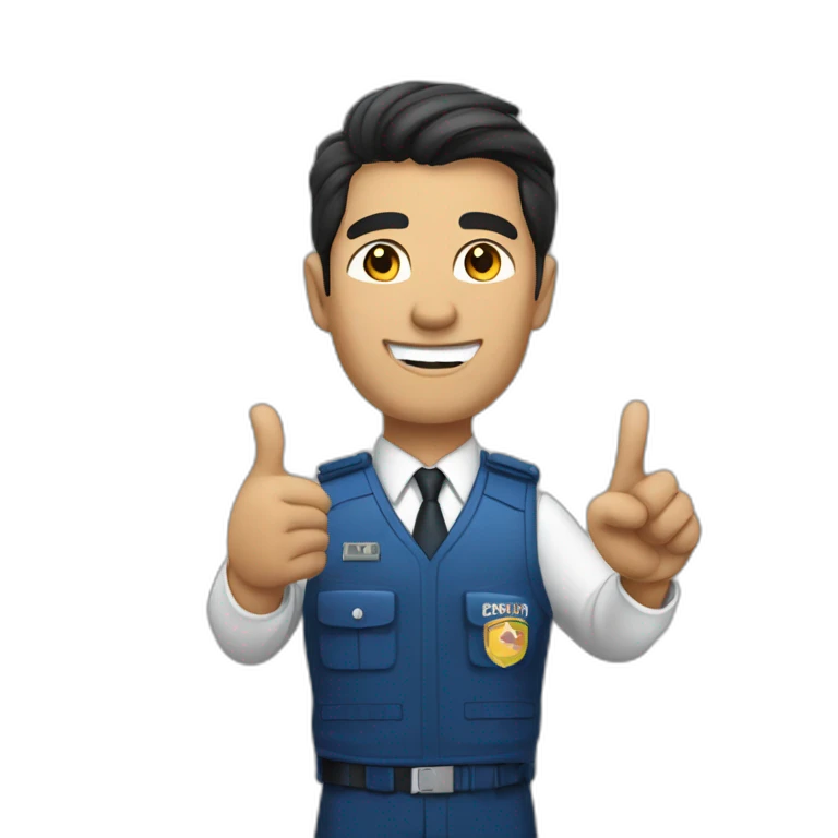 A PERUVIAN SECURITY AGENT, IN A BLUE VEST AND WHITE SHIRT. SAYING OK WITH THE HAND. emoji
