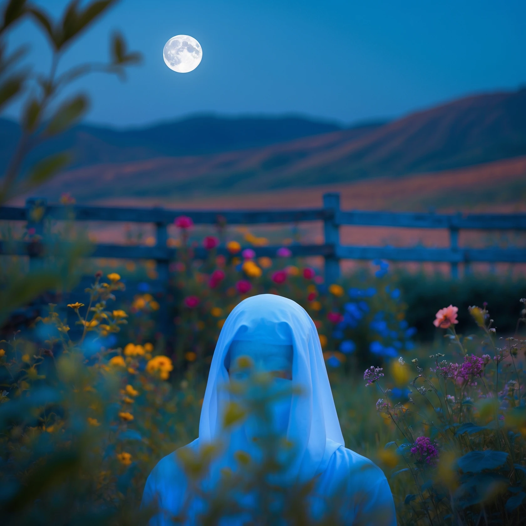 A portrait of a white person in the foreground, blurred plants in the foreground, a wooden fence and colorfull flowers in the midground, rolling hills in the background, cinematic depth of field, layered composition, moon back light (Blue night) emoji