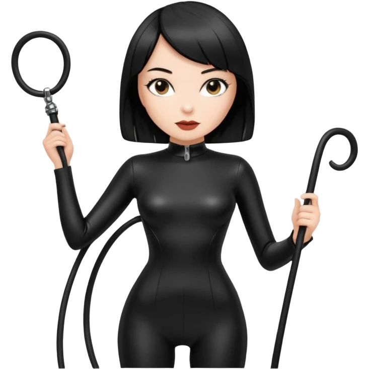 madam with straight bob black hairstyle in black latex with whip in hand emoji