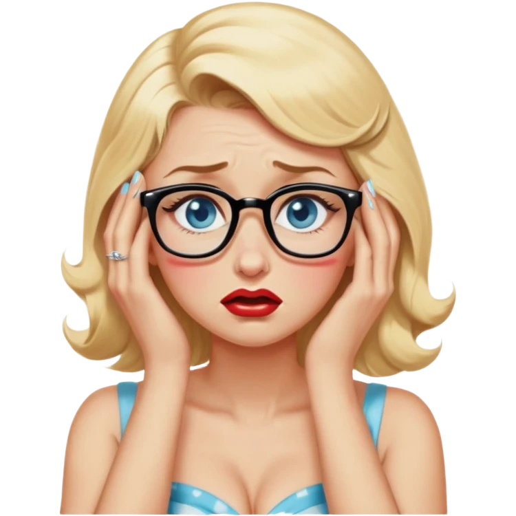 Blonde hair, blue eyed, wearing glasses 50's style pinup crying with hea in her hands emoji
