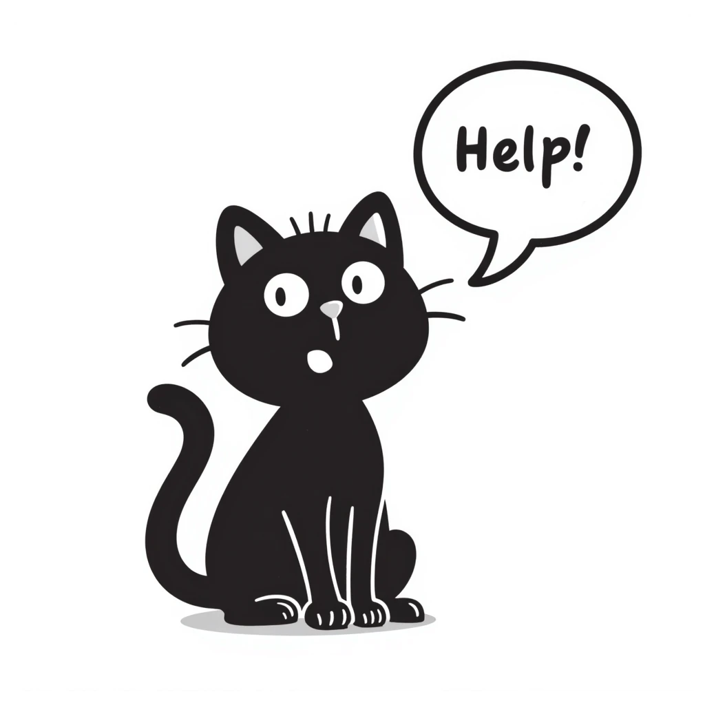 cute cat yelling 'Help!' with comic speech bubble emoji