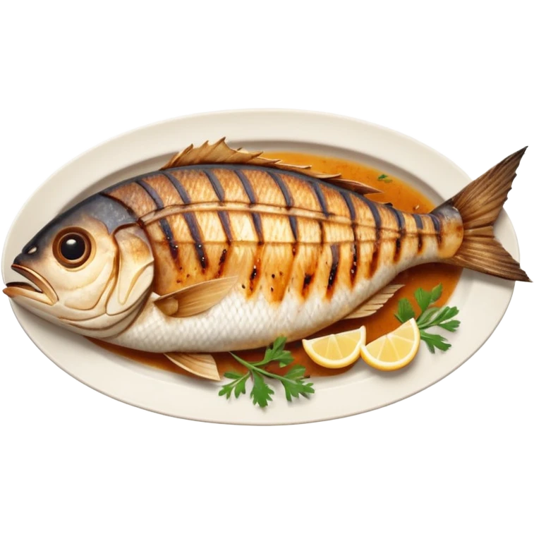 create a Whole good brownish Grilled Fish Camera angle: slightly elevated top-down view with a gentle bird’s-eye perspective (about 15–20°), identical perspective and scaled do not add anything on plate

 emoji