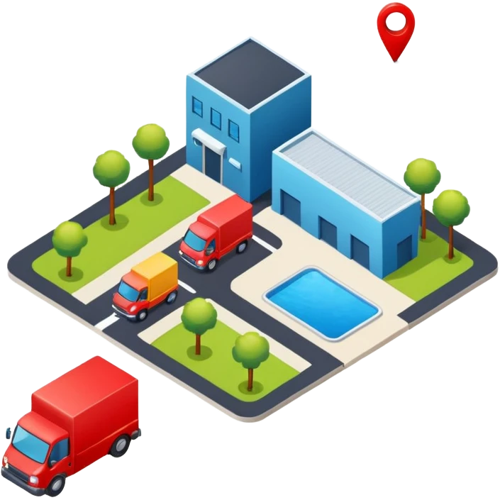 top-down view of a map with a pushpin, a truck, and an industrial company, all elements clearly visible, friendly colors, neutral background, bird's eye perspective emoji