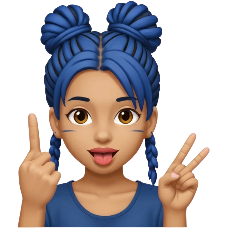 light brown girl with dark blue dreads in a bun with tongue out giving middle finger emoji