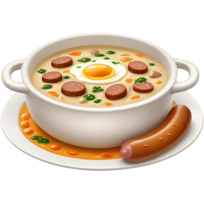 Cinematic Realistic ≈ªurek Soup Dish Emoji, depicted as a tangy, creamy rye soup with sausage and egg rendered with detailed textures and warm, comforting lighting. emoji
