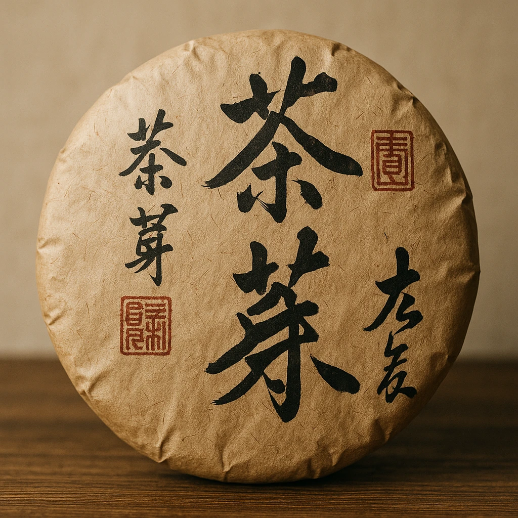 a wrapped pu-erh tea cake with Chinese calligraphy on the wrapper emoji