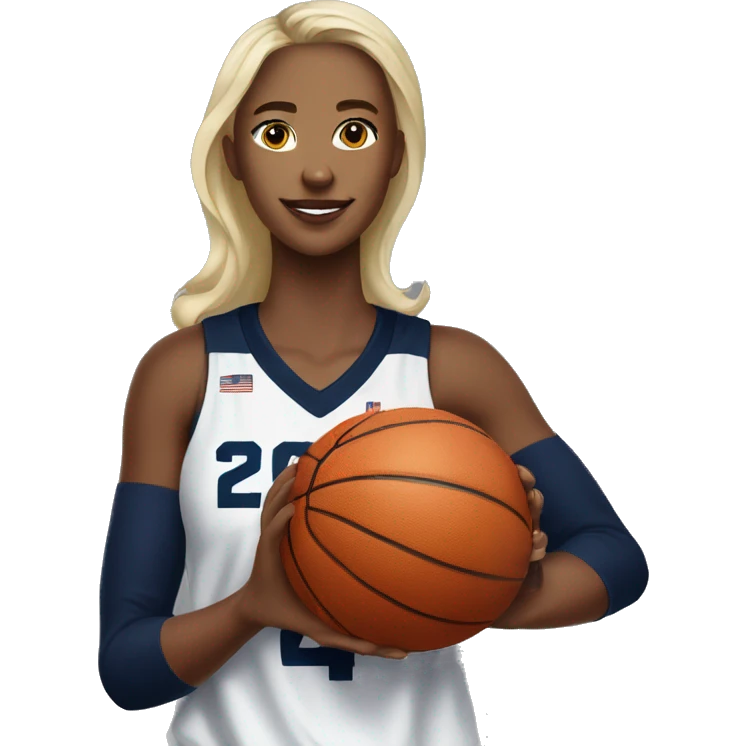 Basketball blonde female player wearing navy blue jersey that has the number 24 & holding a basketball emoji
