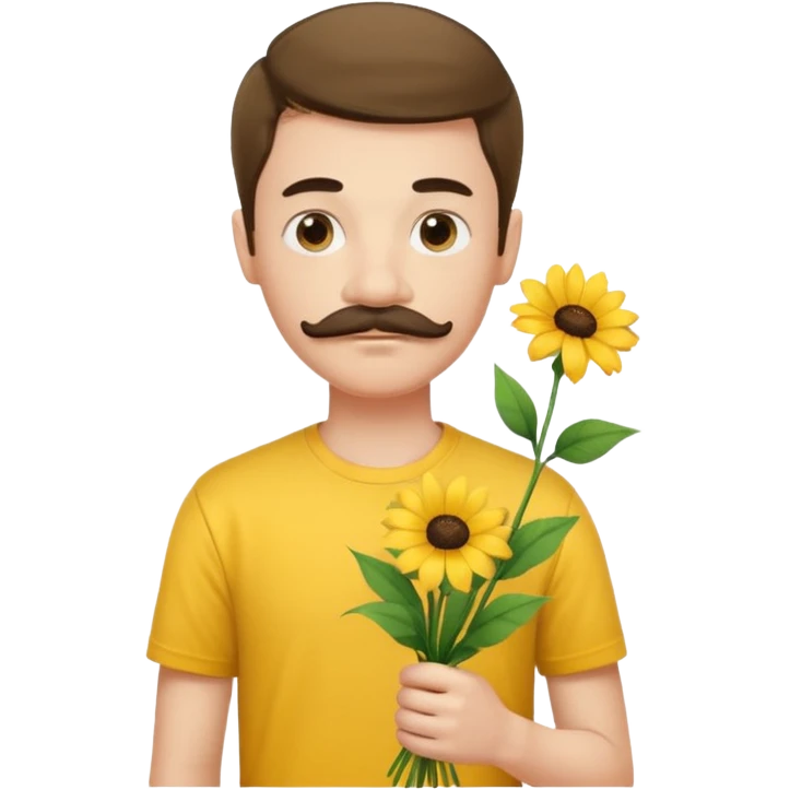generate an ios genmoji of a 20 year old fair boy with 3 mustache hair. should look like he cant grow a mustache., carrying a flower bouquet, wearing a yellow tshirt, looking shy emoji