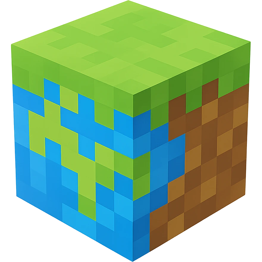 minecraft world icon, floating cube earth with grass and dirt, playful and bright emoji
