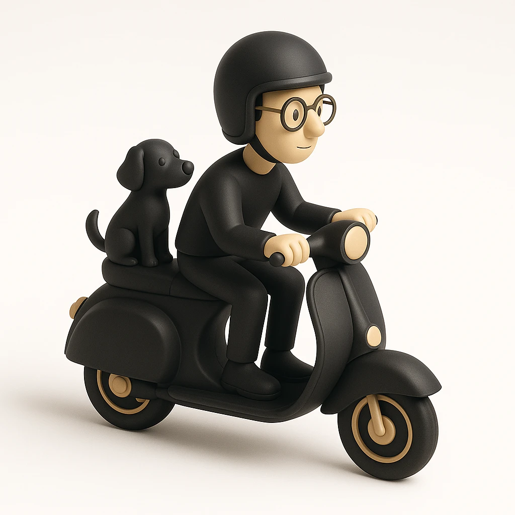 man and his pet dog riding a vespa emoji
