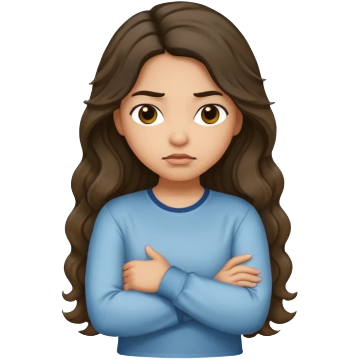 Hispanic light tan girl with long dark wavy hair with arms folded while pouting. Wearing a long sleeve. Hair with middle part. emoji
