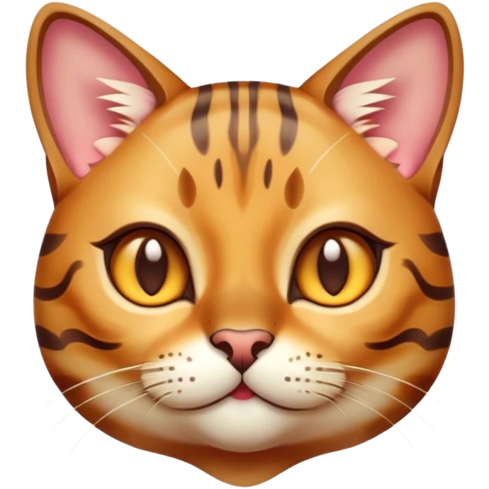 Cinematic Cute Bengal Cat Portrait Emoji, Head tilted playfully and inquisitively, sleek spotted brown and gold tones, Simplified yet adorable features, highly detailed, glowing with a warm, friendly glow, high shine, curious and affectionate, stylized with a touch of whimsy, bright and alert, soft glowing outline, capturing the essence of a mischievous yet loving kitten, so endearing it feels like it could pounce out of the screen and play! emoji