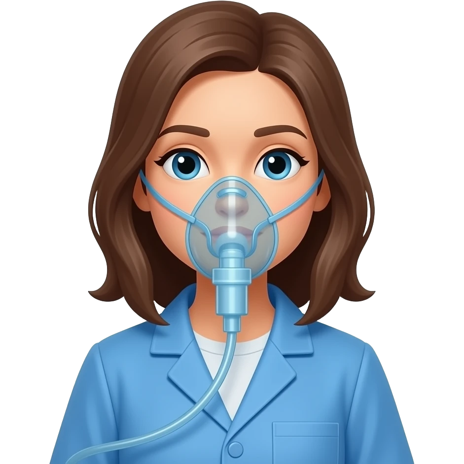 paciente mujer con inhalador oxigeno y bata azul estilo apple emoji emoji