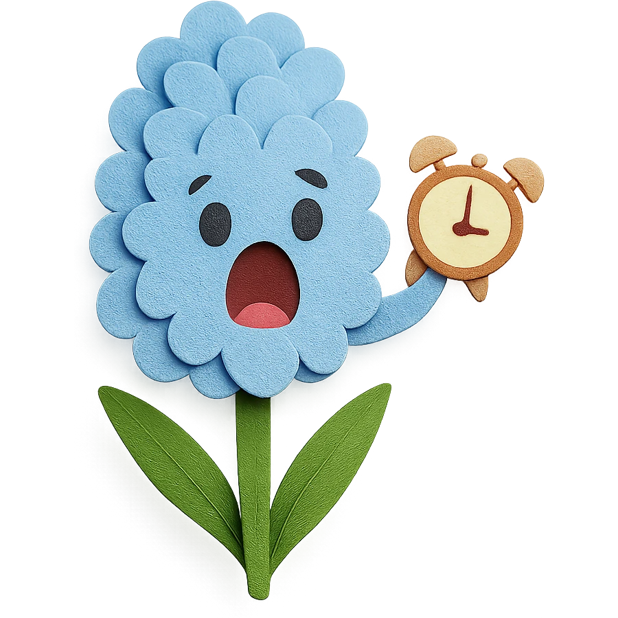 pastel blue hyacinth flower with alarmed eyes and a screaming mouth, waving a tiny alarm clock, fluffy and round, paper craft style emoji