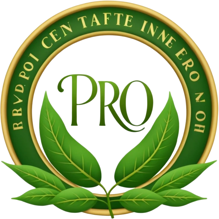 Crea un emoji de un sello o escudo elegante con un borde de ramitas de hojas verdes. En el centro, las letras 'PRO' o un ícono de check (✓) para simbolizar fórmulas probadas. Estilo de certificación. emoji