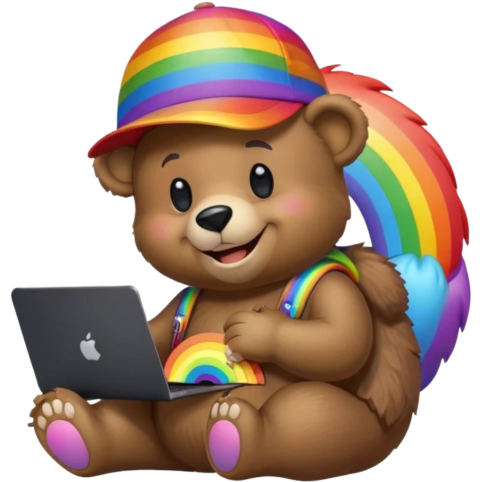 Smiley Bear wearing a cap with a rainbow emoji in it, and holding a black MacBook in his left hand and in the other hand texting on an iPhone 16 Pro Max emoji
