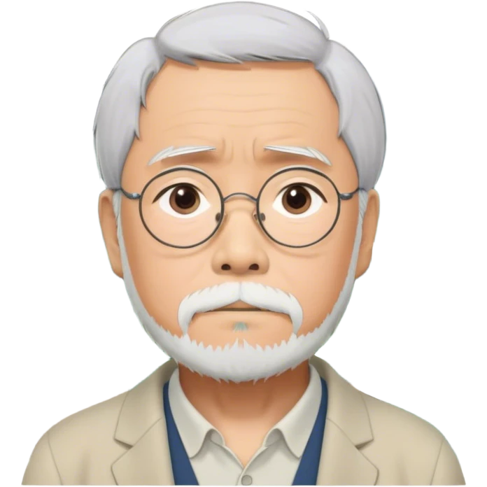 Hayao Miyazaki (filmmaker) – Cinematic Realistic Portrait of Hayao Miyazaki, portrayed with gentle, wise eyes and a thoughtful expression, set against a backdrop of whimsical sketches and animated landscapes reminiscent of Studio Ghibli, rendered with soft natural lighting and rich, detailed textures that evoke creative magic. emoji