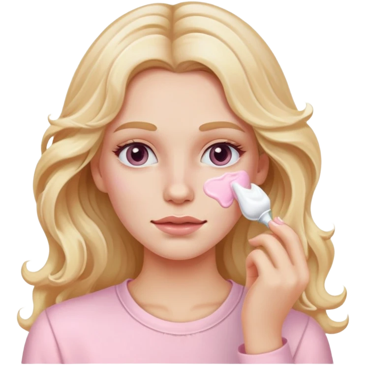 A white girl with long blonde wavy hair in pale pink clothes smears cream on her face emoji