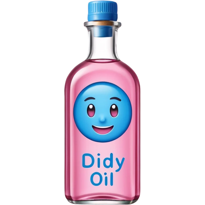 Smiling bottle of oil blue top pink outside with logo that says diddy oil emoji