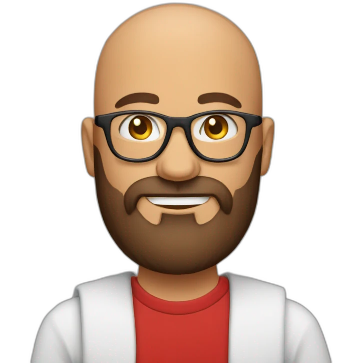 Bald man smiling with glasses and big bushy brown beard with. Wearing red t shirt emoji