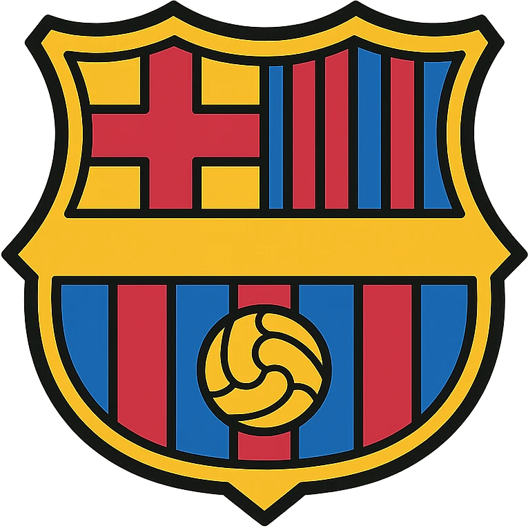 simple and bold FC Barcelone inspired icon featuring blue and garnet stripes, yellow cross, and football, modern icon style emoji