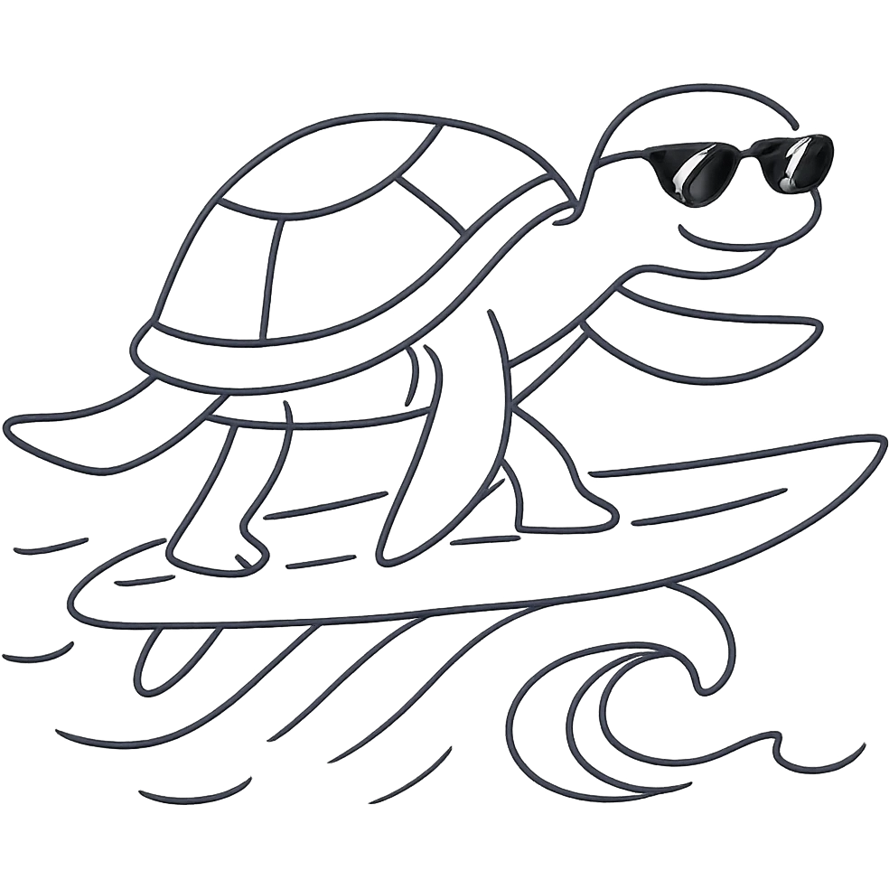 Add cool sunglasses to the surfing turtle. Keep the hand drawn icon style with sketchy lines and whimsical feel, no background. emoji