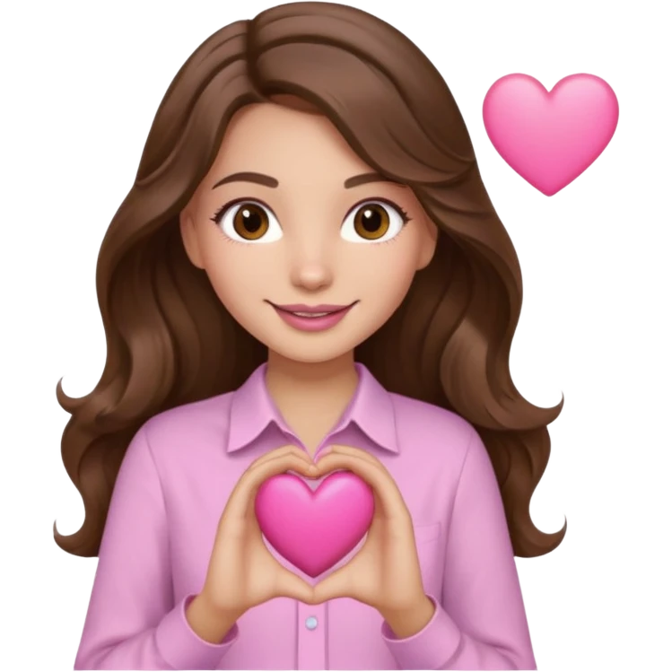 girl with wavy long brown hair, brown eyes, light to medium complexion, long lashes, light pink lipstick, wearing light pink shirt, smiling, hands holding a pink heart emoji
