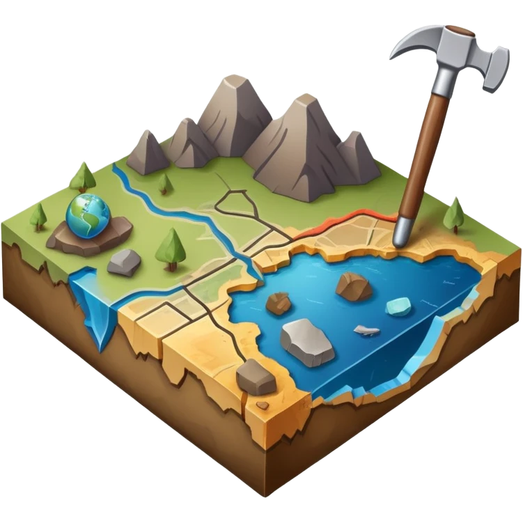 An icon featuring a crowbar and a geological map, and layers of Earth’s crust, symbolizing geology. The design includes mineral samples, fossils, and tectonic plates, representing the study of Earth’s structure and natural processes. Transparent background highlights geological exploration emoji