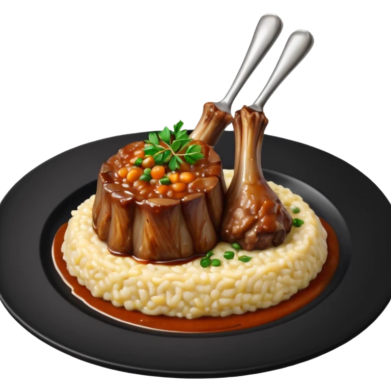 Lamb Shanks with Risotto Nero on a black plate emoji