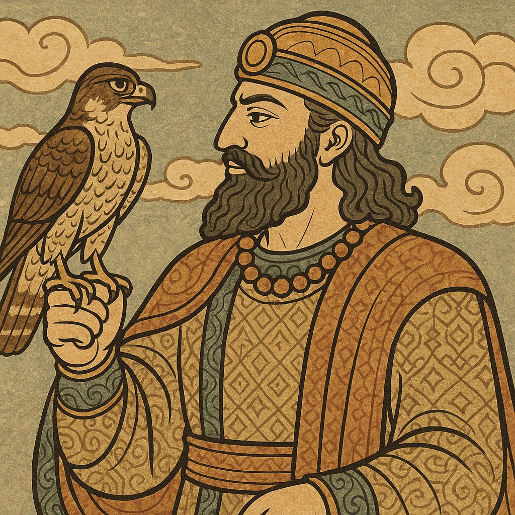 Cyrus the Great, with a falcon, Persian king, majestic, Persian miniature style emoji