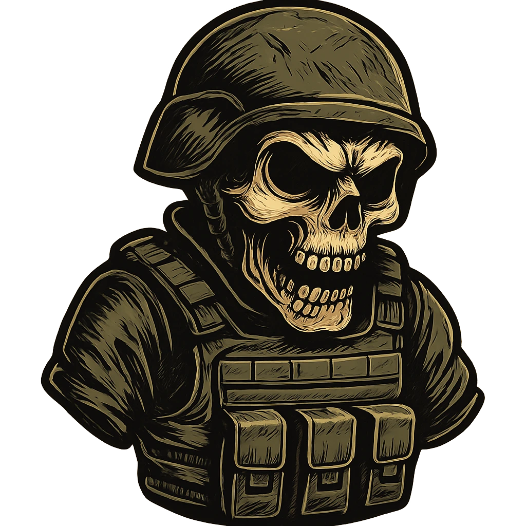 skull with a protective vest and military helmet, stylized and dynamic, no background emoji