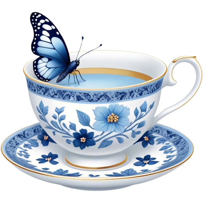A delicate butterfly with navy wings, resting on the edge of a perl porcelain teacup adorned with intricate pastel blue floral patterns. emoji