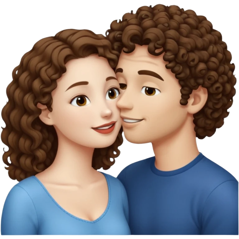 A couple kissing, the man would be white-skinned, short-curly, brown-haired. The serious woman with white skin, long hair and brown color emoji