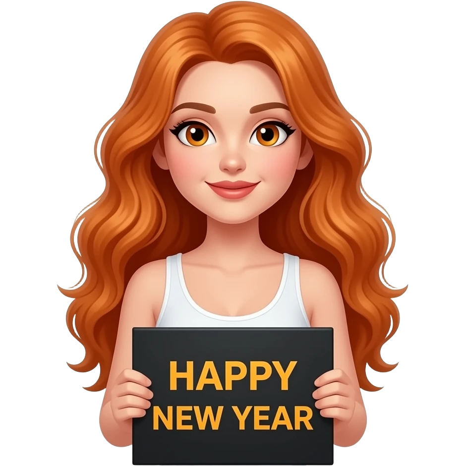 sexy girl with long wavy ginger hair and ginger eyes wearing a white tanktop is holding a black colored sign with HAPPY NEW YEAR written on it emoji