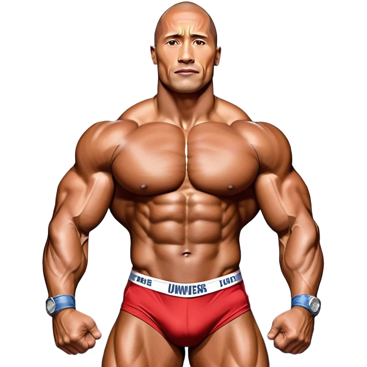 Dwayne Johnson, oiled and posing at the Mr. Universe bodybuilding championship, showcasing his muscular physique in an iconic display of strength. The background features the stage with judges and audience, capturing the intensity and prestige of the competition. Transparent background. emoji