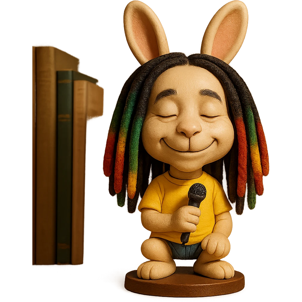 a bobblehead style bunny with Bob Marley's dreadlocks, reggae colors, peaceful smile, holding a microphone emoji