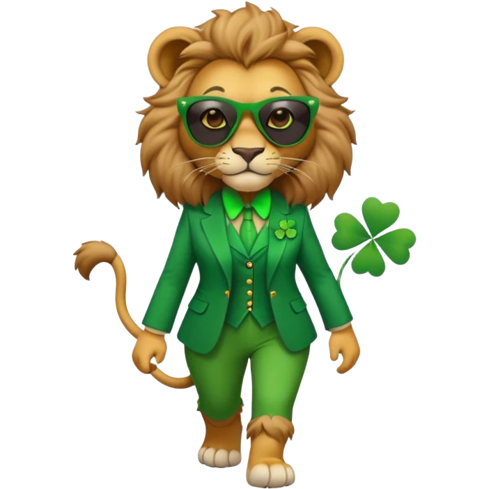 confident anthropomorphised female lion in St. Patrick's Day green clothes with shamrock accessories, dark sunglasses, walking upright, looking self-assured emoji