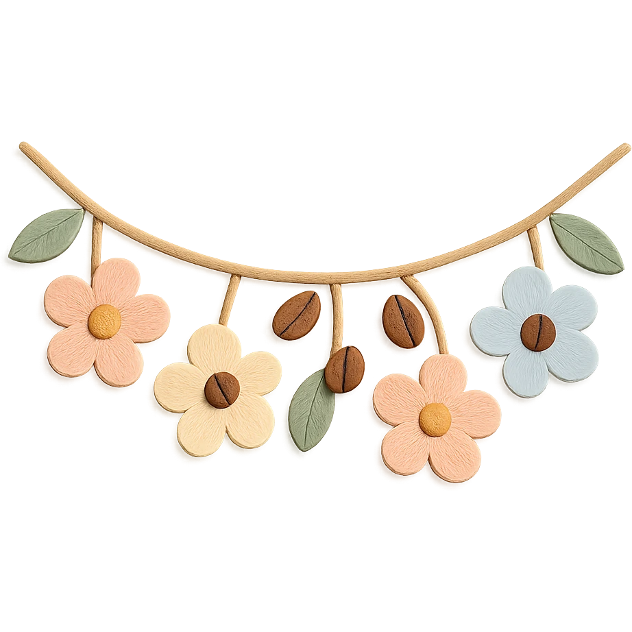 wall floral garland with coffee beans in a cozy café, soft pastel colors, paper craft style emoji