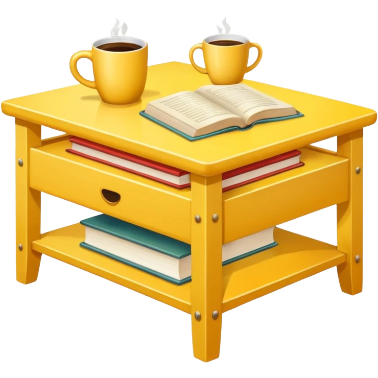 yellow coffe table, coffee on top, books under table
 emoji